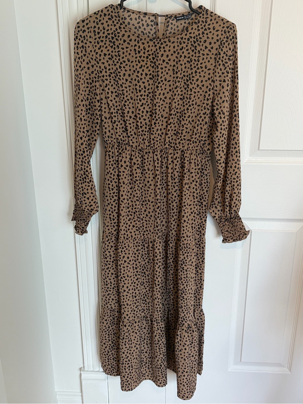 Tan Dress with Black Spot Print — Long Sleeve Midi